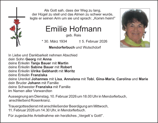 Traueranzeige von Emilie Hofmann von Hauptausgabe Amberg