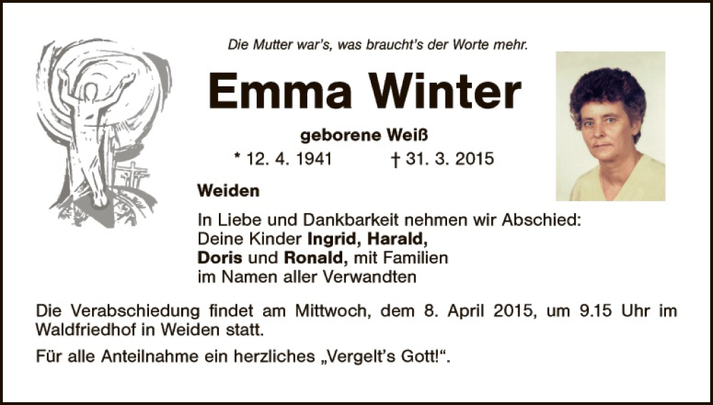  Traueranzeige für Emma Winter vom 04.04.2015 aus Hauptausgabe Weiden