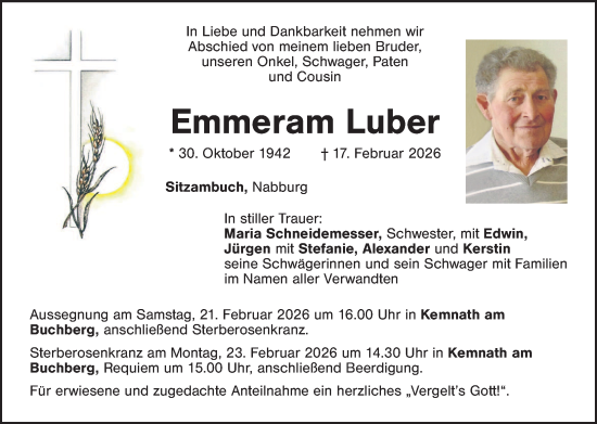 Traueranzeige von Emmeram Luber von Amberger Zeitung / Sulzbach - Rosenberger Zeitung + Landkreis Schwandorf