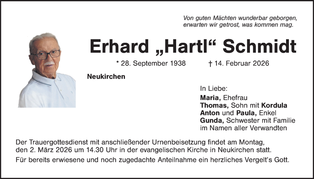  Traueranzeige für Erhard Schmidt vom 25.02.2026 aus Hauptausgabe Amberg