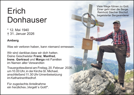 Traueranzeige von Erich Donhauser von Hauptausgabe Amberg