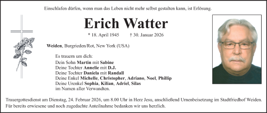 Traueranzeige von Erich Watter von Hauptausgabe Weiden