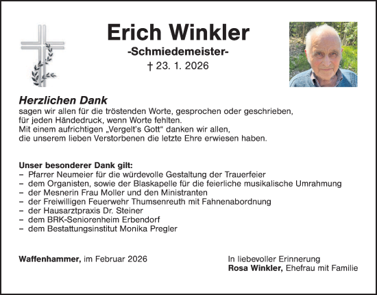 Traueranzeige von Erich Winkler von Tirschenreuth + Eschenbach - Kemnath - Erbendorf