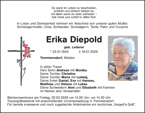 Traueranzeige von Erika Diepold von Tirschenreuth + Eschenbach - Kemnath - Erbendorf
