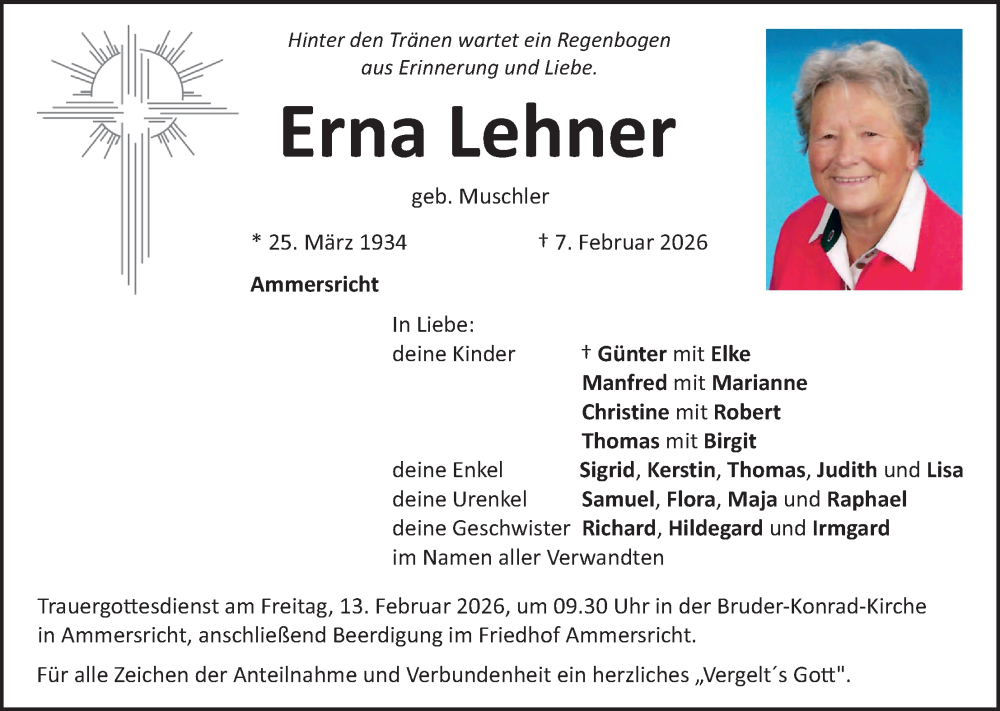  Traueranzeige für Erna Lehner vom 11.02.2026 aus Hauptausgabe Amberg