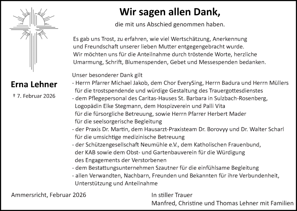  Traueranzeige für Erna Lehner vom 21.02.2026 aus Hauptausgabe Amberg