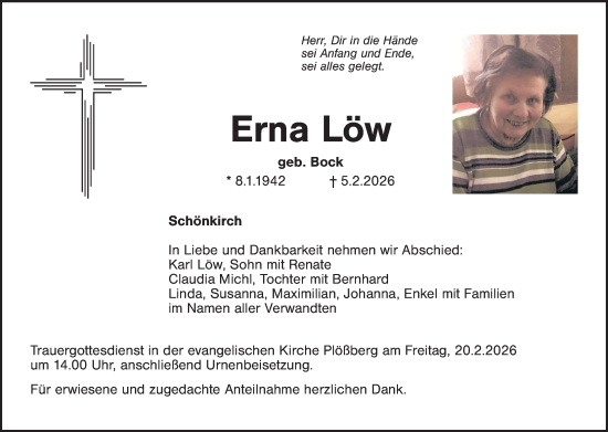 Traueranzeige von Erna Löw von Hauptausgabe Weiden