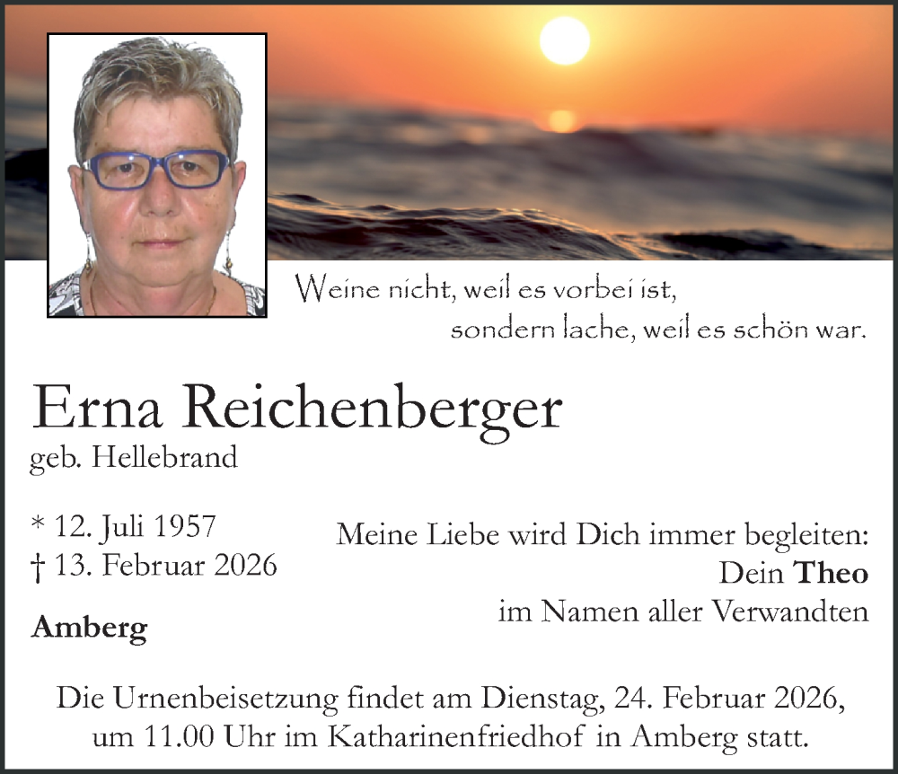  Traueranzeige für Erna Reichenberger vom 21.02.2026 aus Hauptausgabe Amberg