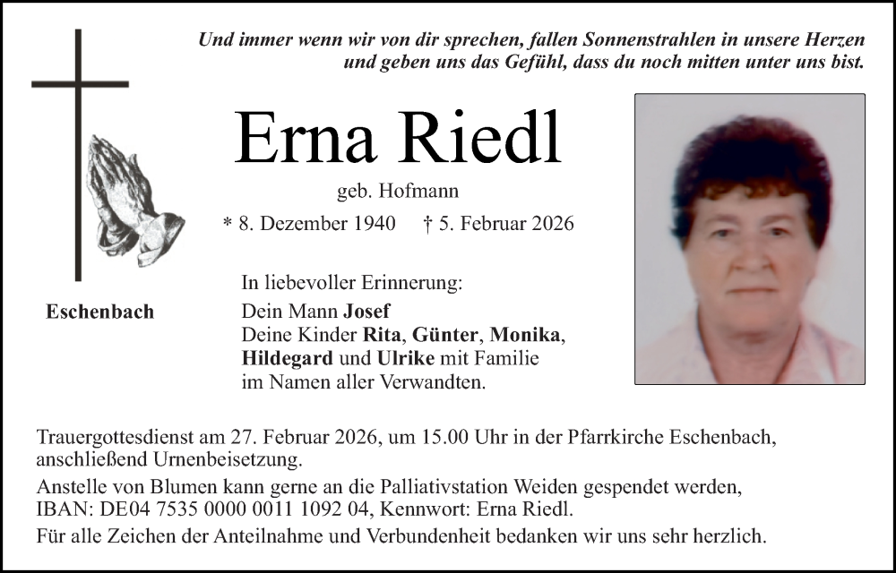  Traueranzeige für Erna Riedl vom 21.02.2026 aus Tirschenreuth + Eschenbach - Kemnath - Erbendorf
