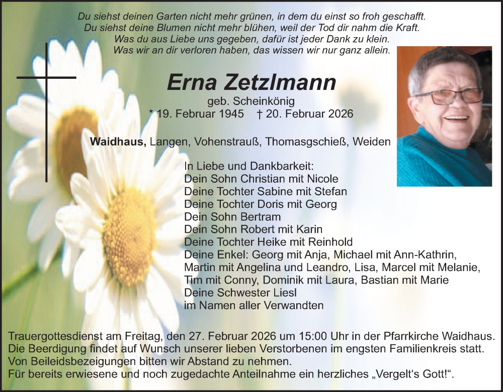  Traueranzeige für Erna Zetzlmann vom 24.02.2026 aus Hauptausgabe Weiden