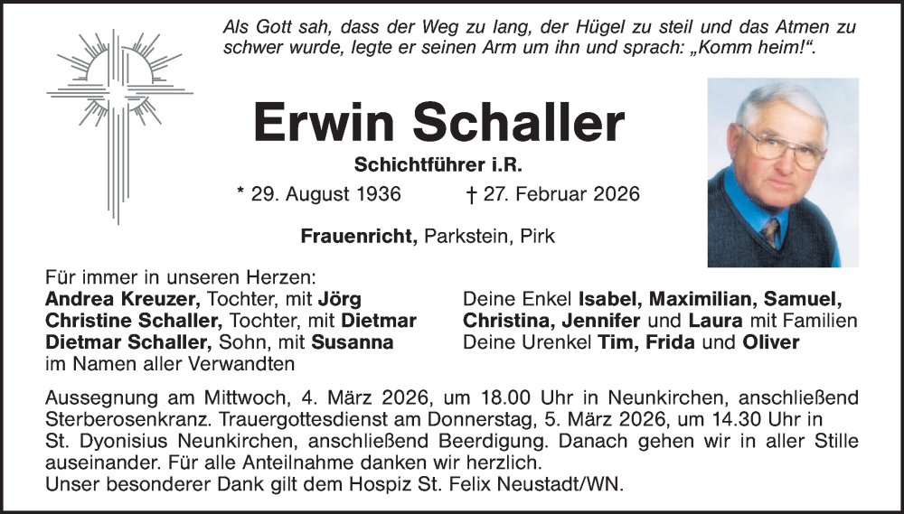  Traueranzeige für Erwin Schaller vom 28.02.2026 aus Hauptausgabe Weiden