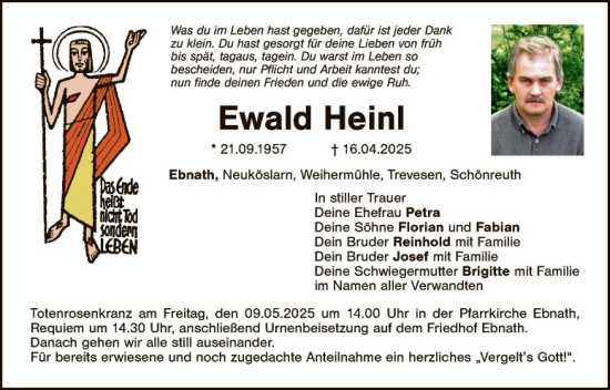Traueranzeige von Ewald Heinl von Tirschenreuth + Eschenbach - Kemnath - Erbendorf