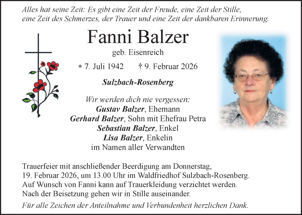  Traueranzeige für Fanni Balzer vom 14.02.2026 aus Hauptausgabe Amberg