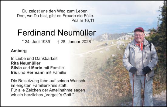 Traueranzeige von Ferdinand Neumüller von Hauptausgabe Amberg
