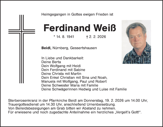 Traueranzeige von Ferdinand Weiß von Hauptausgabe Weiden