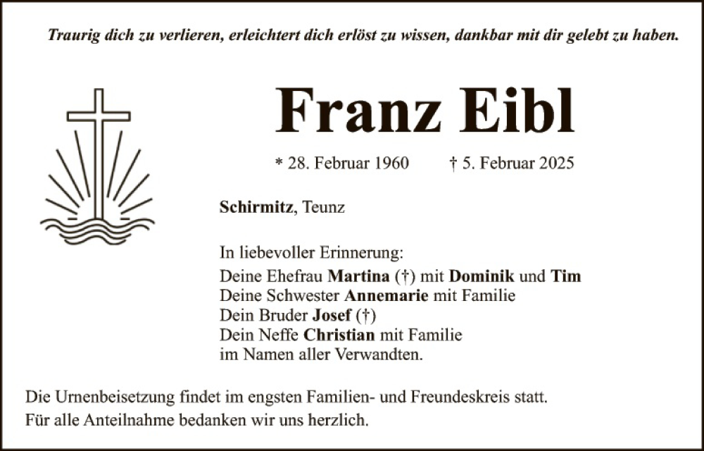  Traueranzeige für Franz Eibl vom 15.02.2025 aus Hauptausgabe Weiden