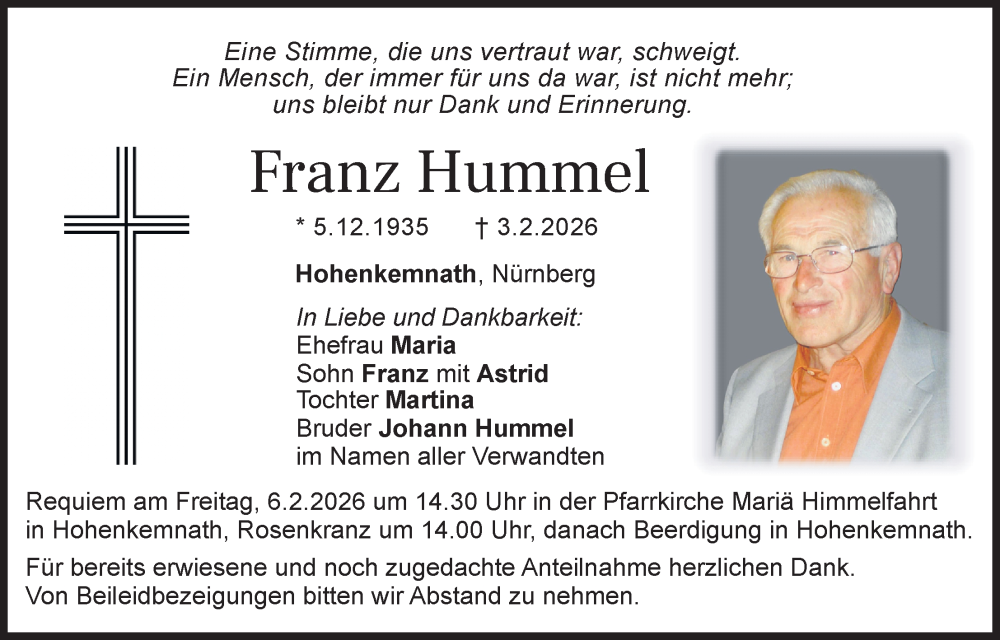  Traueranzeige für Franz Hummel vom 05.02.2026 aus Hauptausgabe Amberg
