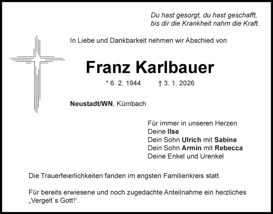 Traueranzeige von Franz Karlbauer von Hauptausgabe Weiden