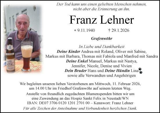 Traueranzeige von Franz Lehner von Hauptausgabe Weiden