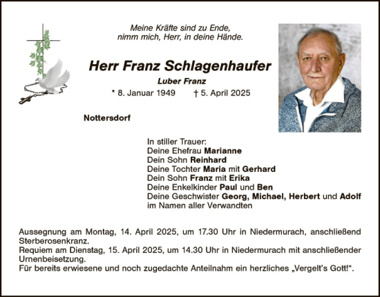 Traueranzeige von Franz Schlagenhaufer von Landkreis Schwandorf