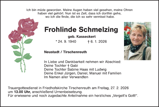 Traueranzeige von Frohlinde Schmelzing von Hauptausgabe Weiden