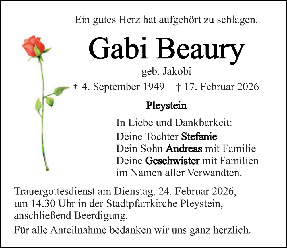  Traueranzeige für Gabi Beaury vom 21.02.2026 aus Landkreis Schwandorf und Vohenstrauß