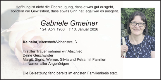Traueranzeige von Gabriele Gmeiner von Landkreis Schwandorf und Vohenstrauß