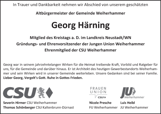 Traueranzeige von Georg Härning von Hauptausgabe Weiden