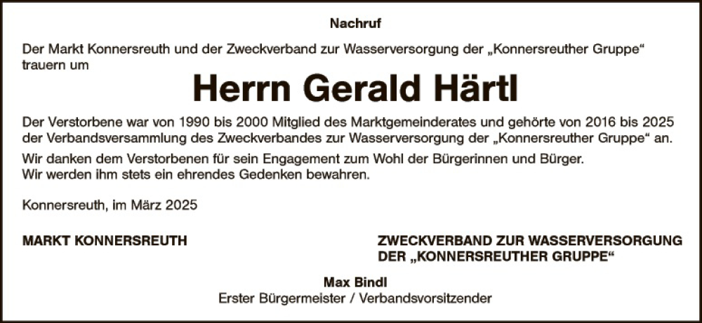  Traueranzeige für Gerald Härtl vom 08.03.2025 aus Tirschenreuth