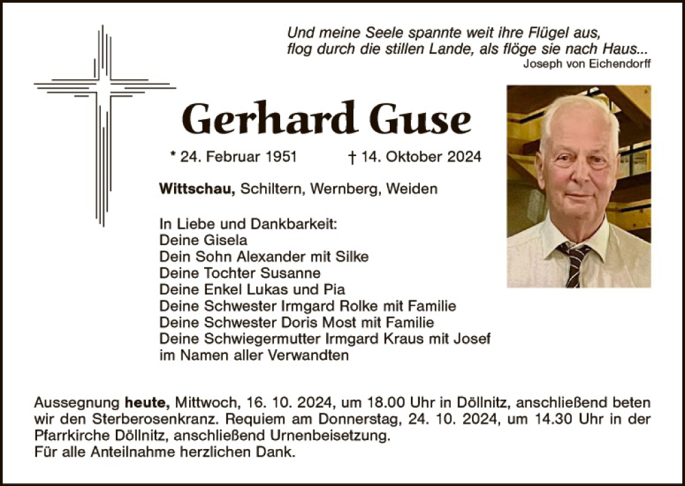  Traueranzeige für Gerhard Guse vom 16.10.2024 aus Hauptausgabe Weiden