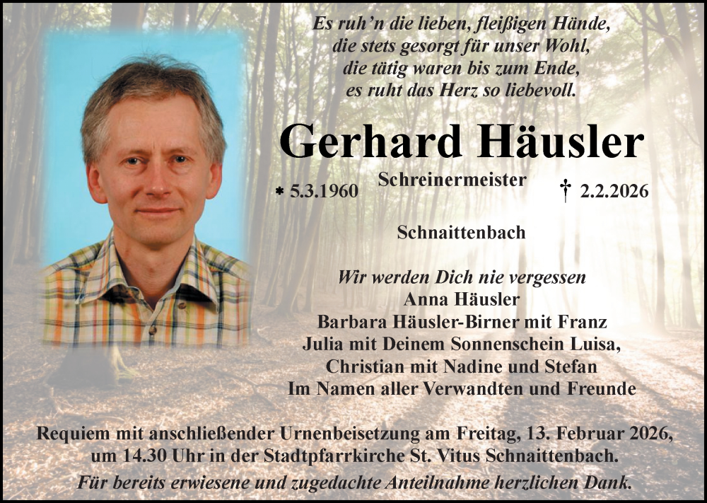  Traueranzeige für Gerhard Häusler vom 07.02.2026 aus Hauptausgabe Amberg
