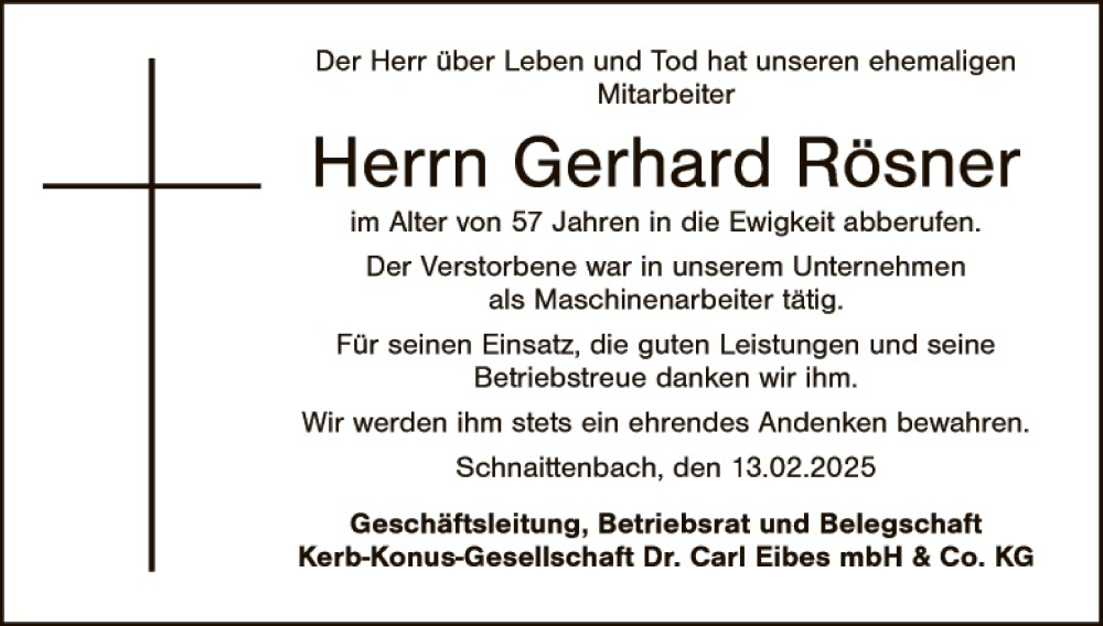  Traueranzeige für Gerhard Rösner vom 13.02.2025 aus Hauptausgabe Amberg