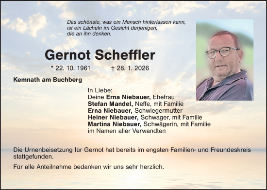Traueranzeige von Gernot Scheffler von Amberger Zeitung / Sulzbach - Rosenberger Zeitung + Landkreis Schwandorf