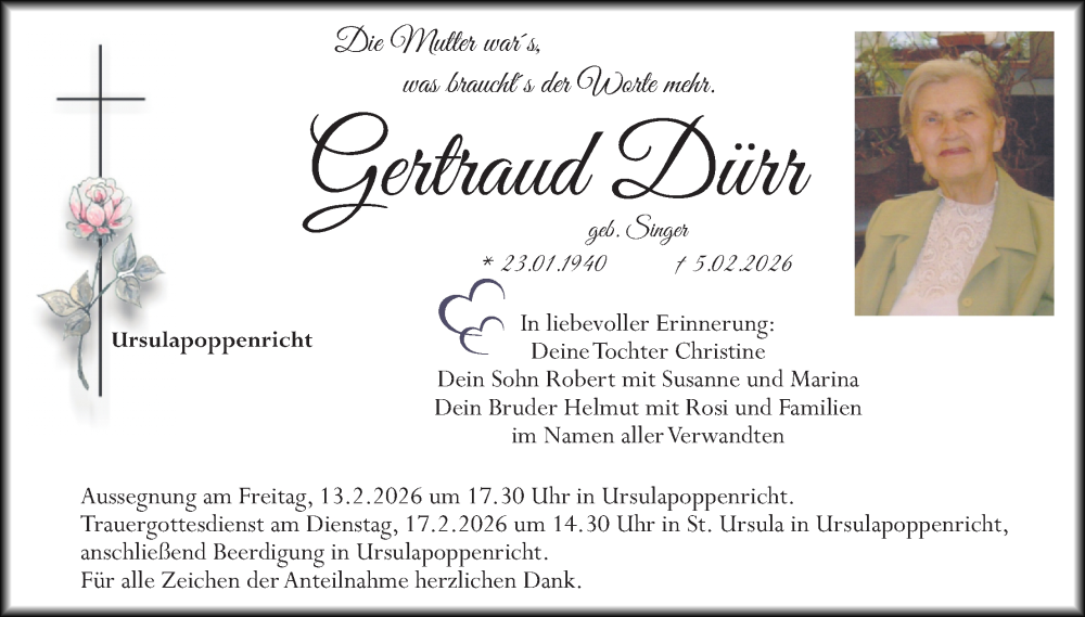  Traueranzeige für Gertraud Dürr vom 11.02.2026 aus Hauptausgabe Amberg