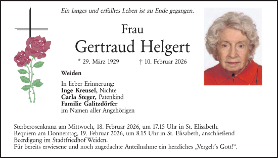 Traueranzeige von Gertraud Helgert von Hauptausgabe Weiden