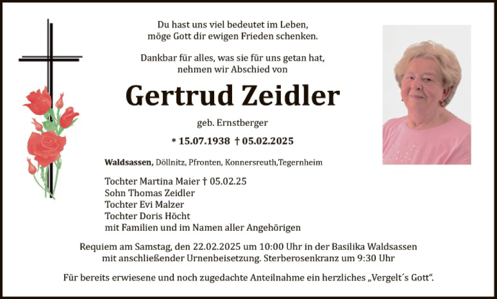  Traueranzeige für Gertrud Zeidler vom 19.02.2025 aus Tirschenreuth + Eschenbach - Kemnath - Erbendorf