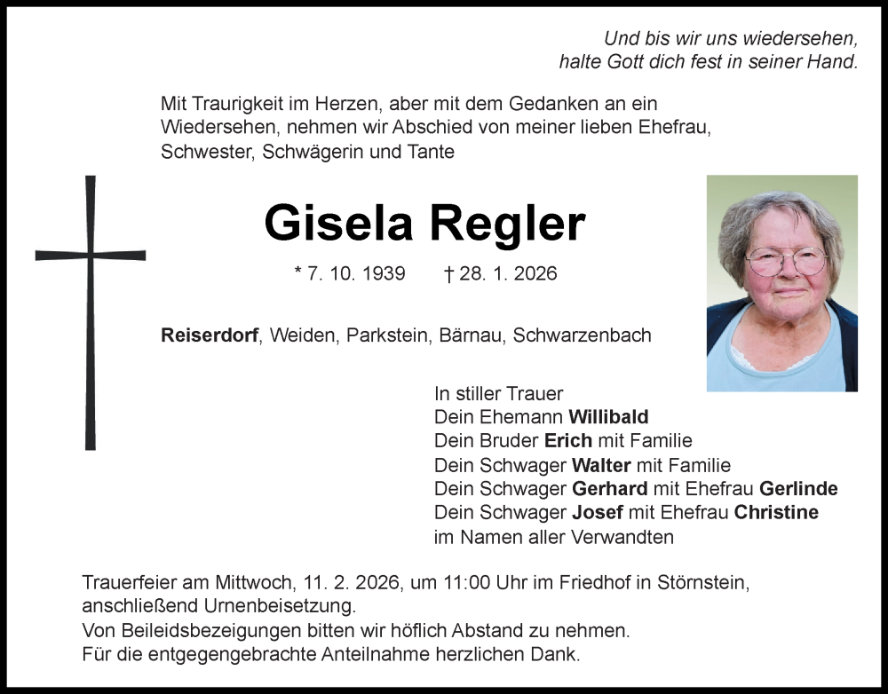  Traueranzeige für Gisela Regler vom 07.02.2026 aus Hauptausgabe Weiden