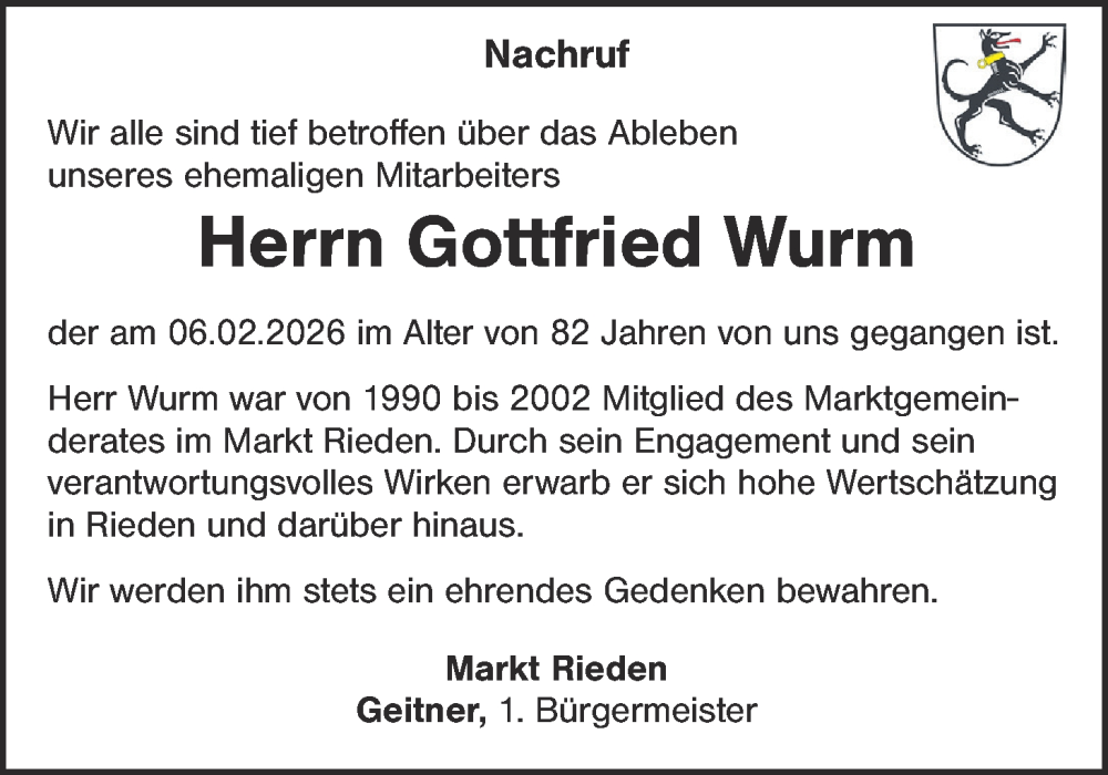  Traueranzeige für Gottfried Wurm vom 11.02.2026 aus Hauptausgabe Amberg