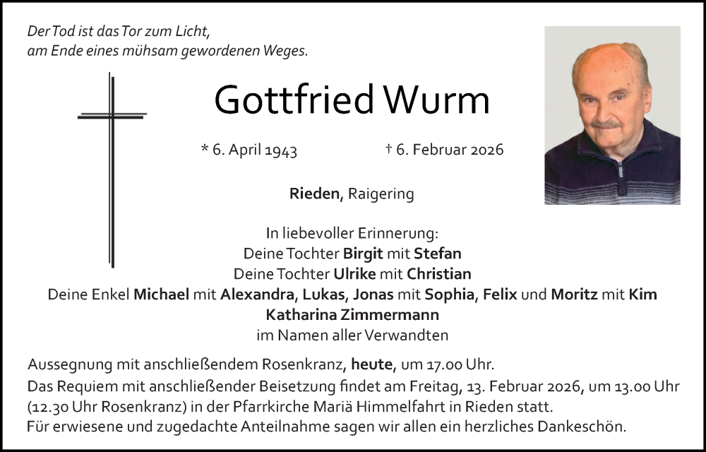  Traueranzeige für Gottfried Wurm vom 11.02.2026 aus Hauptausgabe Amberg