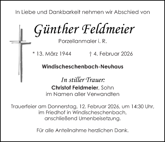 Traueranzeige von Günther Feldmeier von Hauptausgabe Weiden