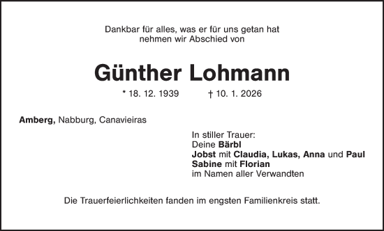 Traueranzeige von Günther Lohmann von Amberger Zeitung / Sulzbach - Rosenberger Zeitung + Landkreis Schwandorf