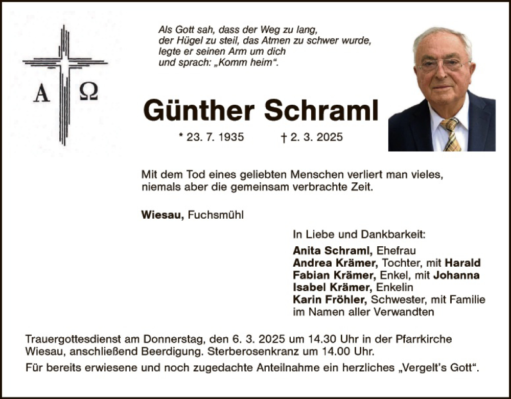  Traueranzeige für Günther Schraml vom 04.03.2025 aus Tirschenreuth + Eschenbach - Kemnath - Erbendorf