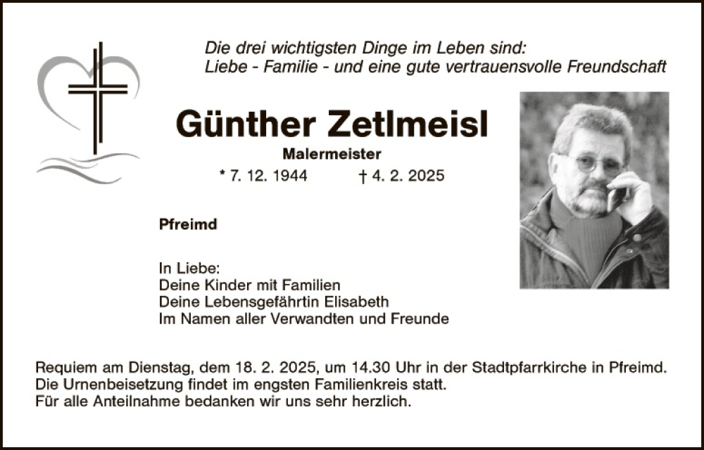  Traueranzeige für Günther Zetlmeisl vom 15.02.2025 aus Hauptausgabe Weiden