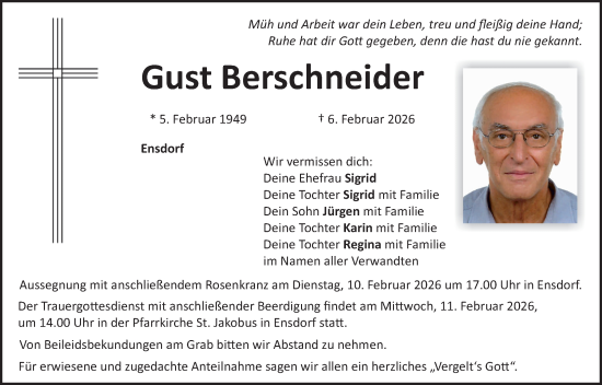 Traueranzeige von Gust Berschneider von Hauptausgabe Amberg