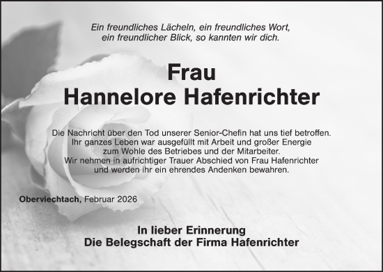Traueranzeige von Hannelore Hafenrichter von Landkreis Schwandorf