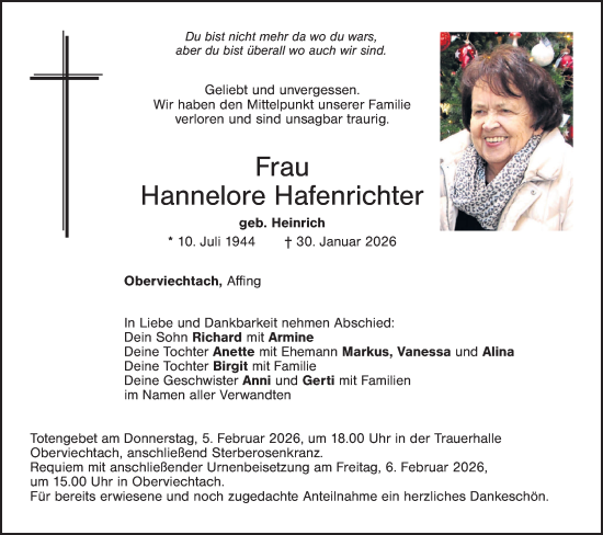 Traueranzeige von Hannelore Hafenrichter von Landkreis Schwandorf