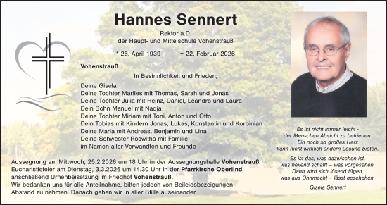 Traueranzeige von Hannes Sennert von Hauptausgabe Weiden