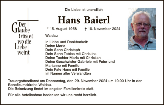 Traueranzeige von Hans Baierl von Landkreis Schwandorf und Vohenstrauß