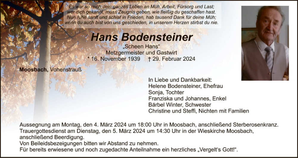  Traueranzeige für Hans Bodensteiner vom 02.03.2024 aus Hauptausgabe Weiden