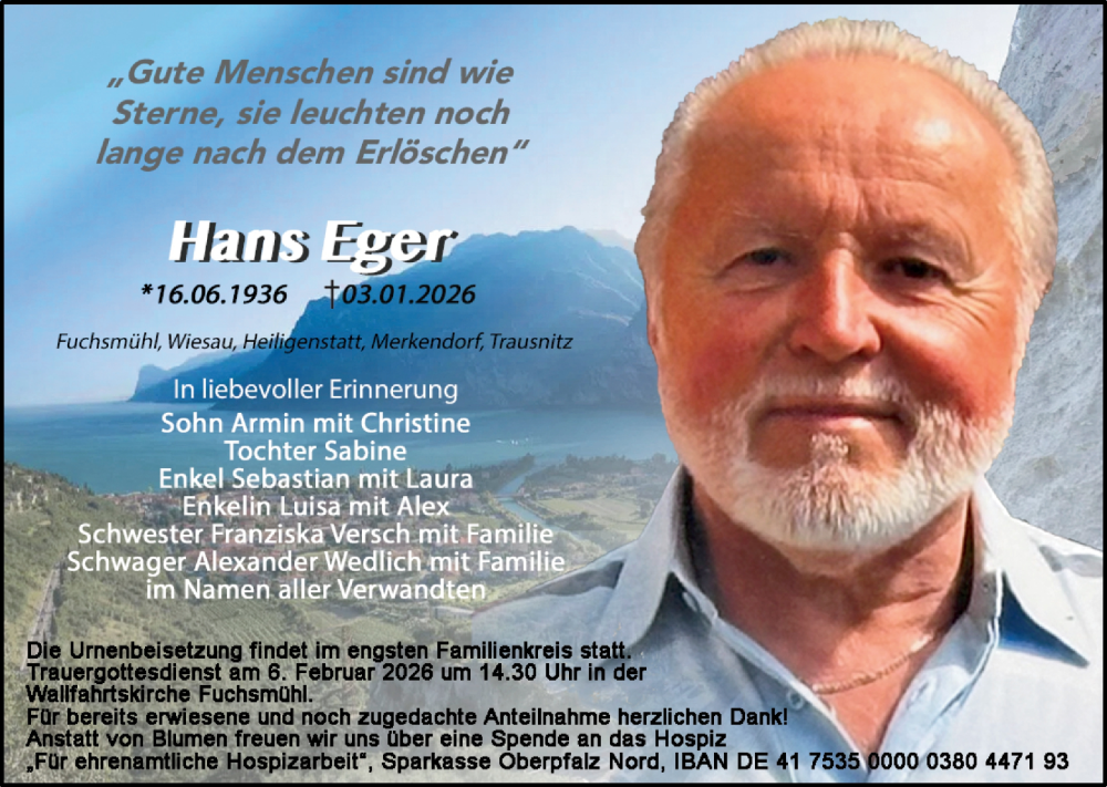  Traueranzeige für Hans Eger vom 04.02.2026 aus Hauptausgabe Weiden